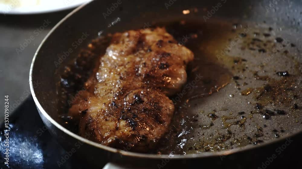 Preparing the pan and steak: seasoning, heating, and cooking to perfection. Juicy steak with a golden crust—perfect for culinary projects! Preparing the pan and steak: seasoning, heating, and cooking to perfection. Juicy steak with a golden crust—perfect for culinary projects!