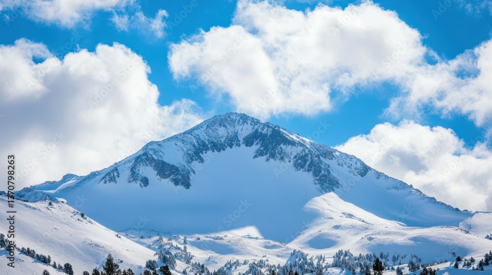 Fototapeta premium A snow-capped mountain peak under a bright blue sky with fluffy clouds.