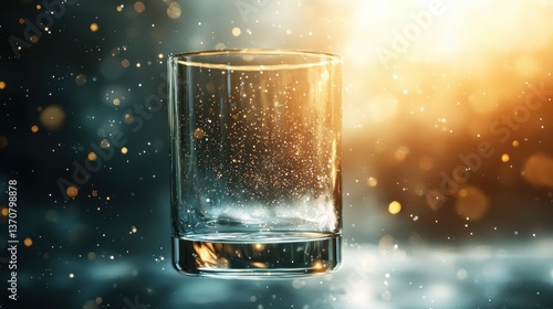 A clear glass sits against a shimmering backdrop of light and sparkles, creating a captivating visual effect.