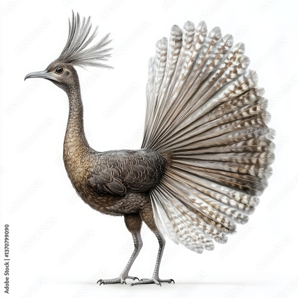 Fototapeta premium A lyrebird with a fully fanned-out tail, intricate feather details, standing in an elegant pose, isolated on a pure white background.