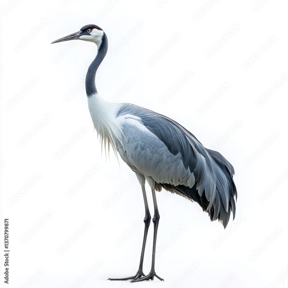 Obraz premium Graceful Crane with Sleek Gray-and-White Plumage and Red Head Patch - Ideal Stock Image for Wildlife and Cultural Themes