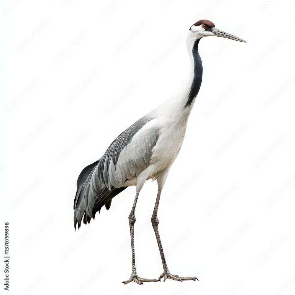 Graceful Crane with Distinctive Red Crown and Sleek Black-and-White Feathers - Ideal Stock Image for Wildlife and Nature Themes Graceful Crane with Distinctive Red Crown and Sleek Black-and-White Feathers - Ideal Stock Image for Wildlife and Nature Themes
