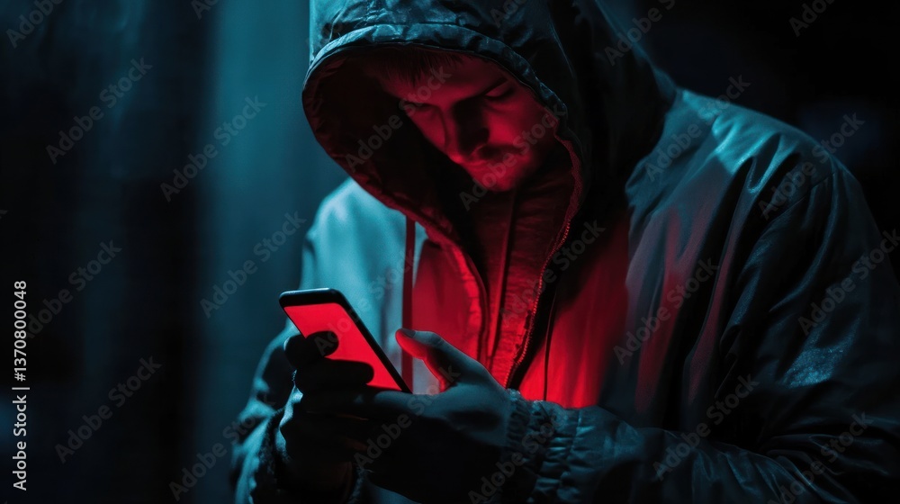 Mysterious hooded figure illuminated by a red mobile device in a dark room Mysterious hooded figure illuminated by a red mobile device in a dark room