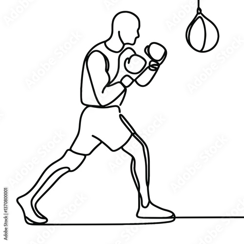 Boxer Training with Punching Bag in Line Drawing Style  