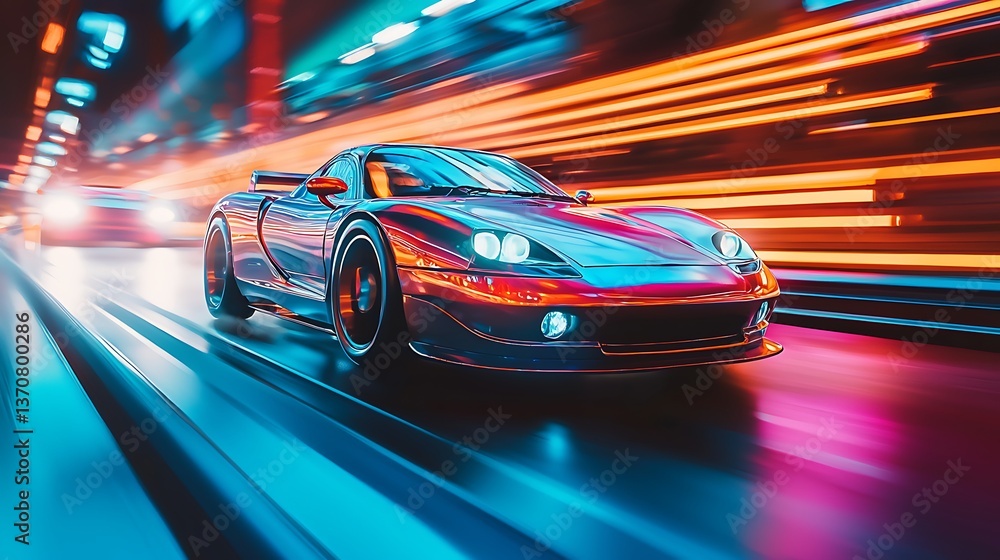 Fast sports car in neon city tunnel Fast sports car in neon city tunnel