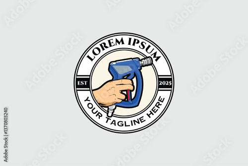 Hand holding spray nozzle gun vector Logo design template