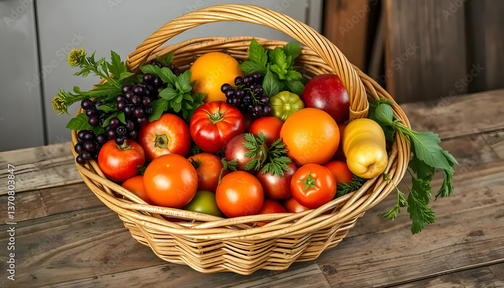 A wicker basket overflows with various fresh and colorful produce A wicker basket overflows with various fresh and colorful produce