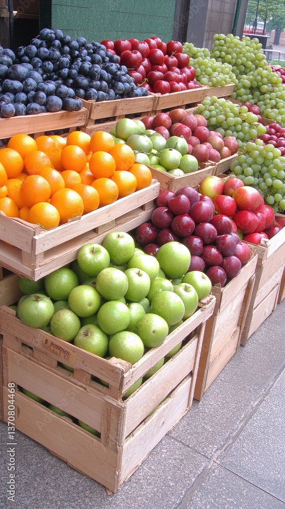 Fruit stand display with variety of fresh produce in wooden crates, an assortment of colors Fruit stand display with variety of fresh produce in wooden crates, an assortment of colors