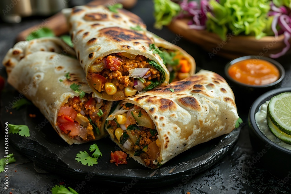 Paratha Roll sliced diagonally Paratha Roll sliced diagonally