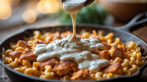 Pouring Creamy Sauce Over Chicken Mac and Cheese in Skillet