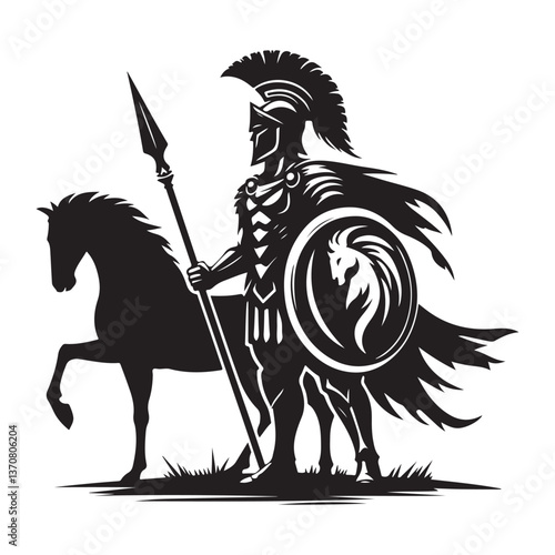 Spartan warrior silhouette vector illustration with spear shield horse