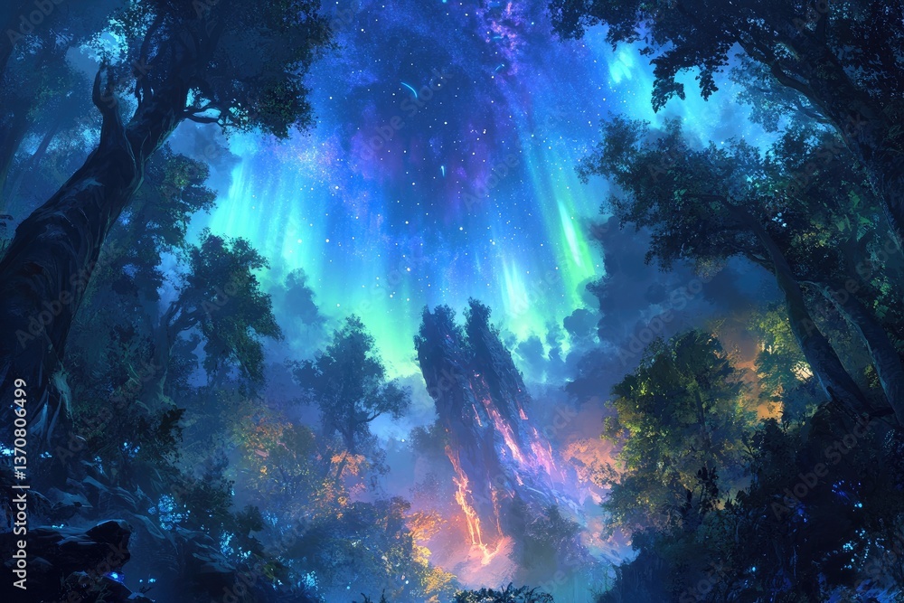Fototapeta premium A mesmerizing view of the Northern Lights dancing above an ancient, dense forest at night.