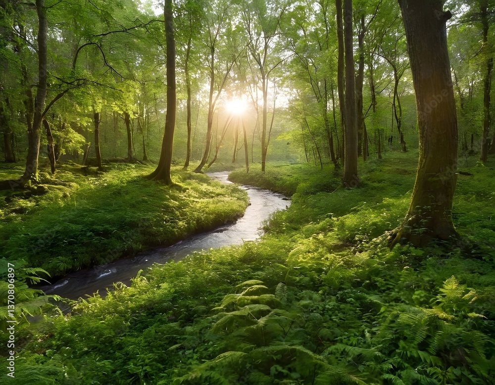 Fototapeta premium A serene landscape where a small river winds through a lush, green forest at dawn, while AI-powered drones float overhead scanning the environment in harmony with nature.