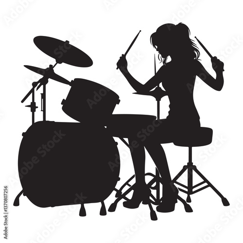 Silhouette Drummer Woman Playing Drums Percussionist Music Vector Art