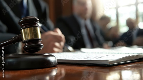 A close-up of a gavel on a desk, symbolizing law and justice, with blurred figures in the background, likely in a courtroom setting.