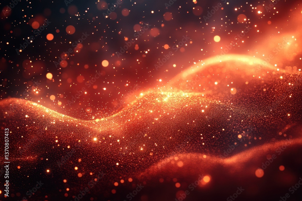 Fototapeta premium Glimmering waves of orange and gold particles create a mesmerizing abstract visual in dark surroundings