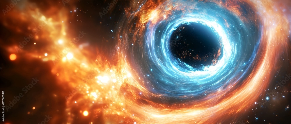 Fantasy swirling vortex of energy portal to another dimension. Electric blue and orange energy abstract background. Time travel concept illustration