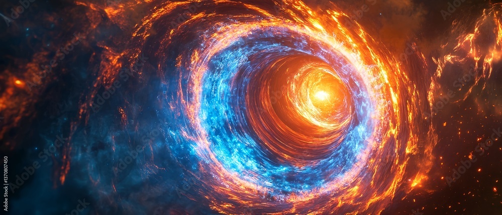 Fantasy swirling vortex of energy portal to another dimension. Electric blue and orange energy abstract background. Time travel concept illustration