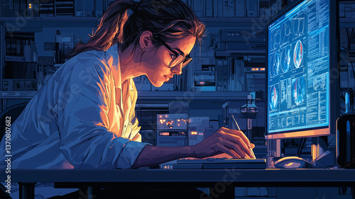 Researcher focused on data analysis in a high-tech laboratory setting photo
