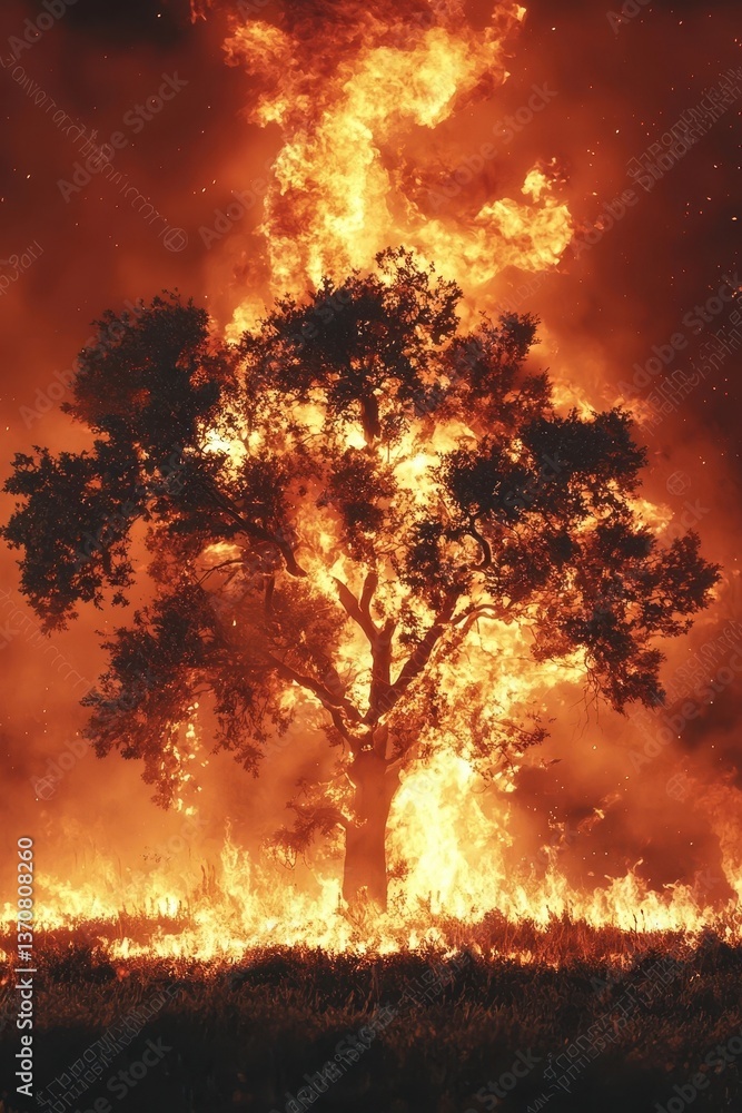 Obraz premium Intense Flaming Tree in a Rural Fire Scene Surrounded by Smoke in a Dramatic Display of Nature's Fury