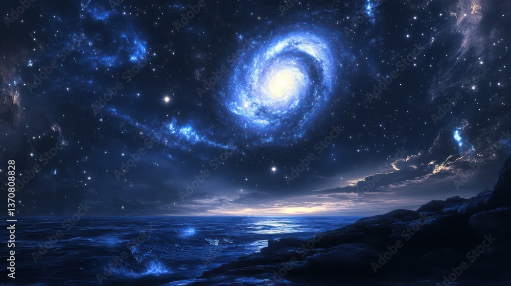 Fototapeta premium Magical Cosmic Galaxy Over Ocean at Night with Starry Sky