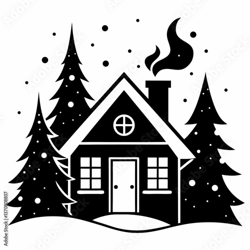a cozy house with winter wonderland silhouette line art vector illustration
