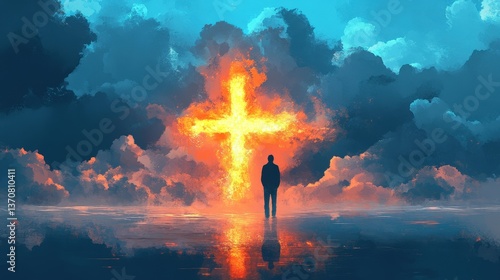 Fiery cross ablaze against a deep blue sky. A lone figure stands in tranquil water, bathed in the cross's radiant glow. Digital painting
