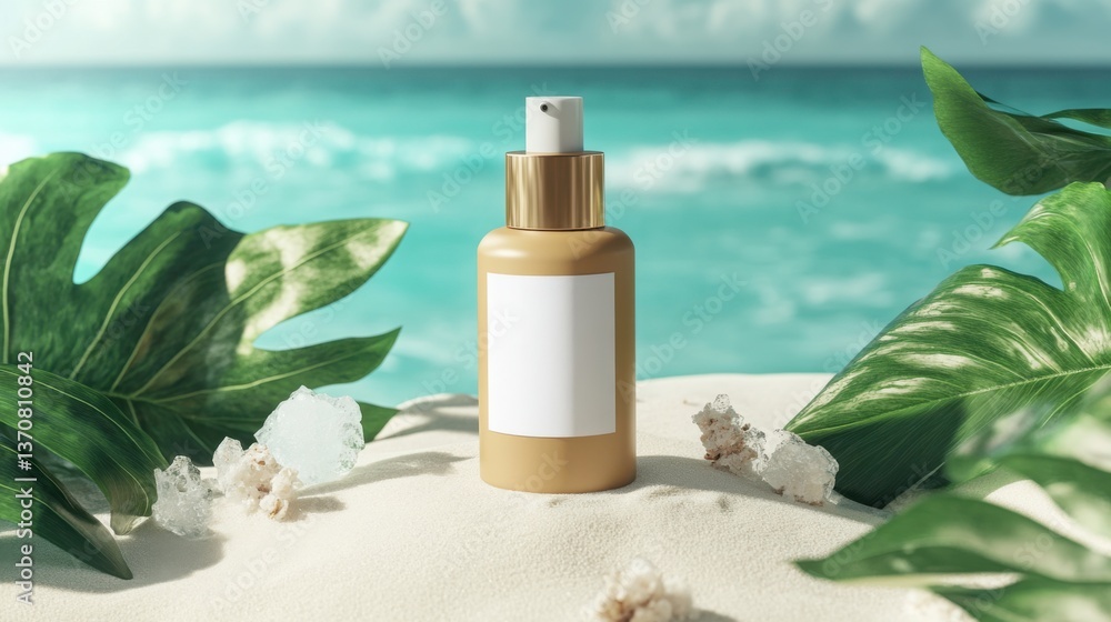 A sleek sunscreen pump bottle with a blank label resting on smooth white sand surrounded by tropical leaves and crushed ice with turquoise ocean waves in the distance A sleek sunscreen pump bottle with a blank label resting on smooth white sand surrounded by tropical leaves and crushed ice with turquoise ocean waves in the distance