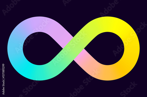 Abstract sign, autism symbol, icon infinity, rainbow curve smooth line, luminous tube with neon gradient. Element with swirled colored ribbon shape with loop on black background. Vector EPS10