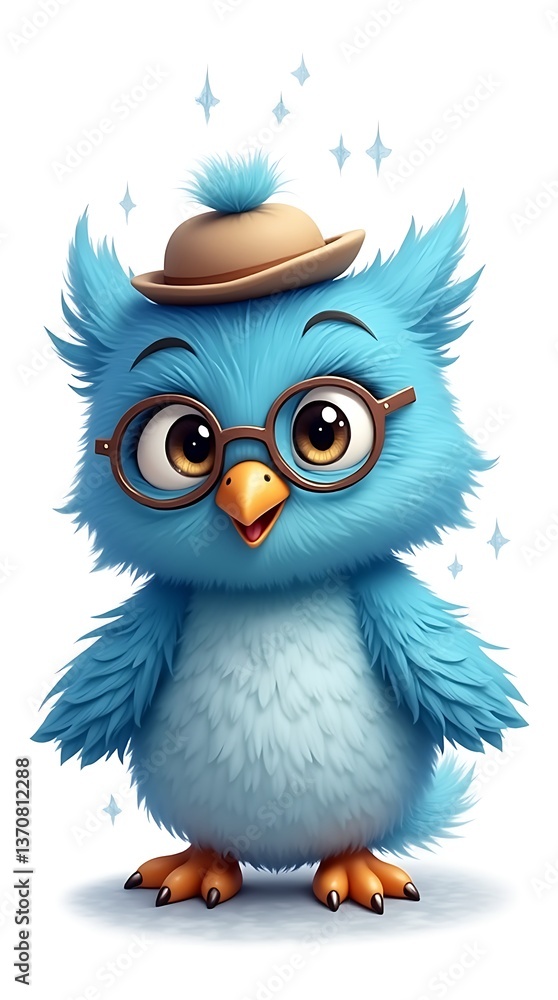 Fototapeta premium cute_rainwhimsical_blue_owl_with_exaggerated_feathers_wearing_a_tiny_hat_and_round_glasses