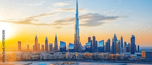 A panoramic view of the city skyscrapers under sunset skies