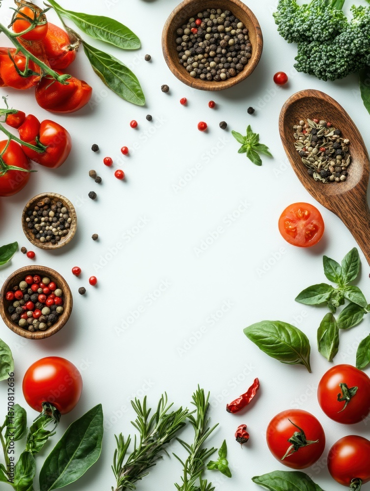 Fresh Culinary Ingredients Arranged on White Background Overhead Shot for Food Bloggers and Recipe Developers Fresh Culinary Ingredients Arranged on White Background Overhead Shot for Food Bloggers and Recipe Developers
