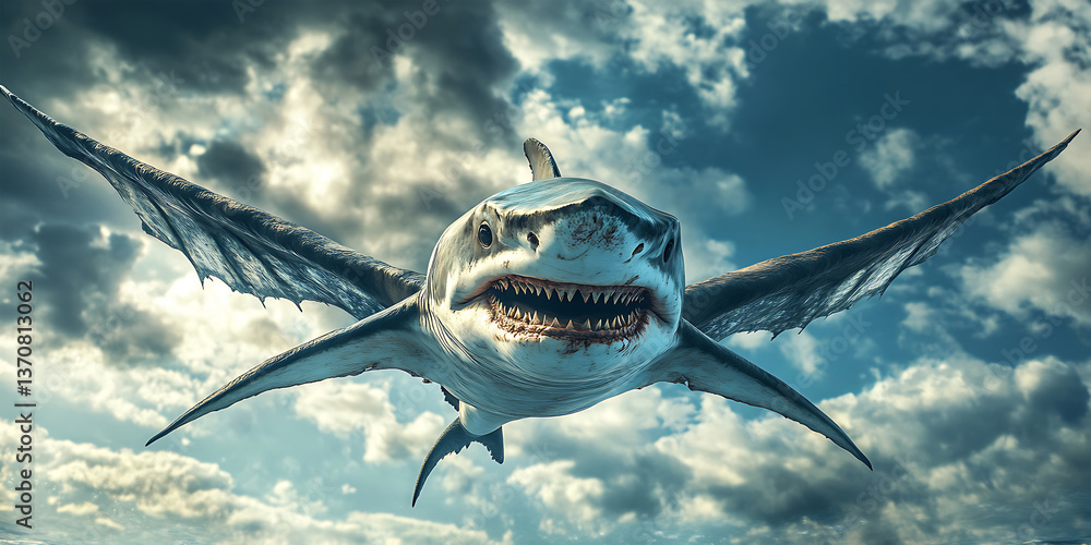 Obraz premium Shark with Dragon Wings Soaring Through a Stormy Sky Background for Hybrid Creatures, Mythical Beasts, or Skybound Predators
