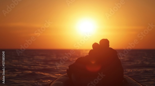 A couple embraces on a boat while watching a stunning sunset over the ocean, creating a romantic and serene atmosphere.