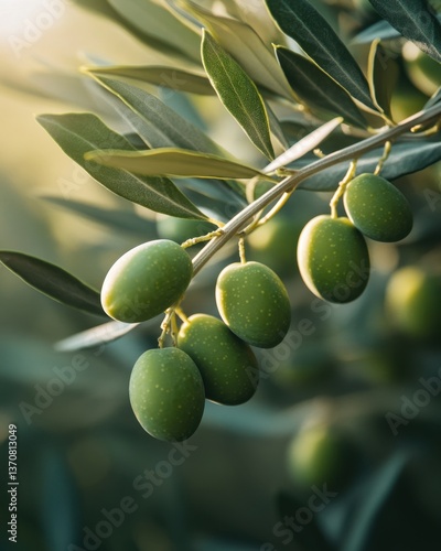 Close up of green olive branch with fresh olives and leaves in soft light for Mediterranean diet