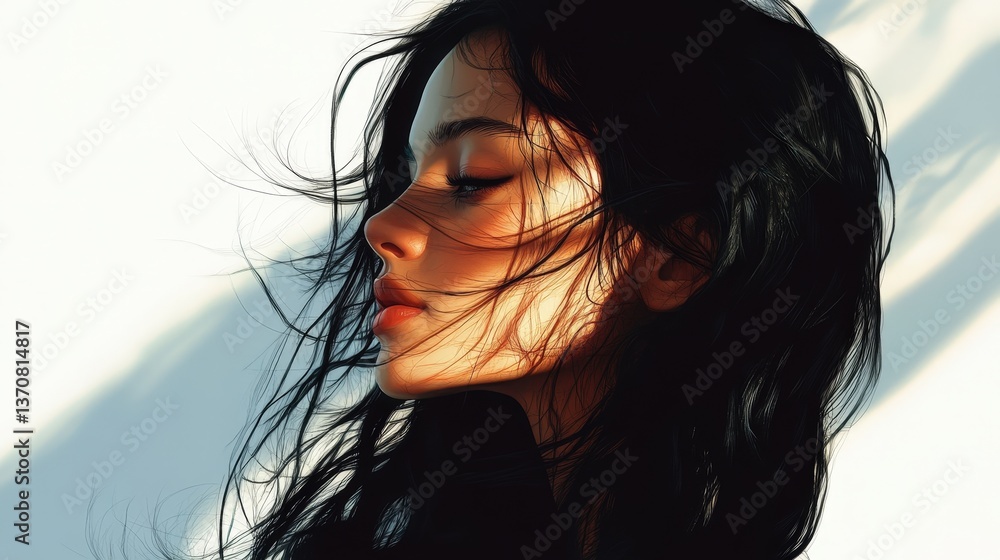 Naklejka premium Windblown hair and closed eyes capture a moment of serene beauty in this digital painting. Sunlight illuminates a peaceful, shadowed face
