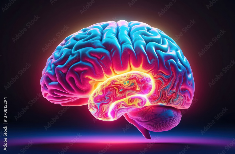 A luminous, highly detailed brain emits an ethereal aura with swirling, psychedelic patterns A luminous, highly detailed brain emits an ethereal aura with swirling, psychedelic patterns