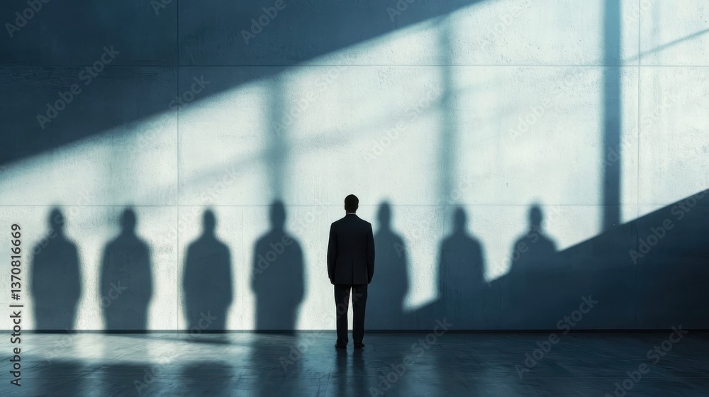 A lone figure stands against a wall, casting shadows that resemble multiple figures, evoking themes of solitude and introspection. A lone figure stands against a wall, casting shadows that resemble multiple figures, evoking themes of solitude and introspection.