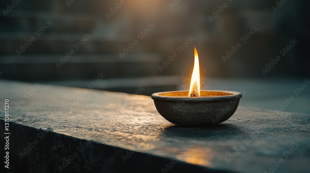 A serene clay lamp emits a flickering flame, casting a warm glow on a textured surface, evoking tranquility and reflection. A serene clay lamp emits a flickering flame, casting a warm glow on a textured surface, evoking tranquility and reflection.