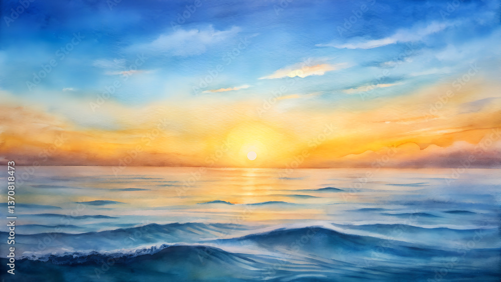 Obraz premium Victory Day Sunrise Watercolor Background - Warm Orange & Yellow Breaking Through Blue Waves for Peaceful New Beginnings (Copy Space)