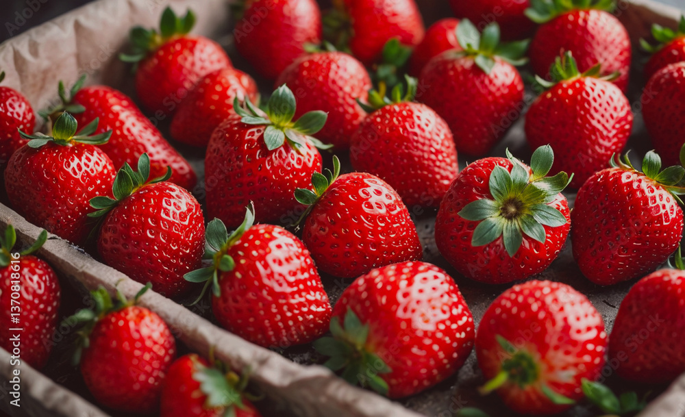 Box of red strawberries. The box is brown Box of red strawberries. The box is brown