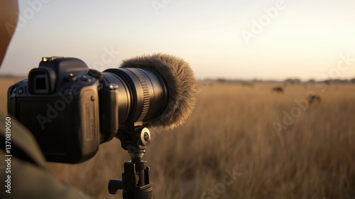 A camera with a furry windscreen is set against a backdrop of tall grass, capturing wildlife during a serene sunset.