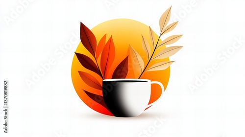 White coffee cup sits against a vibrant orange circle with autumnal leaves, creating a warm and inviting scene.