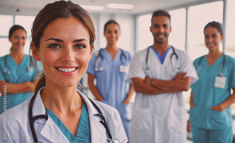 Woman in a white coat is smiling at the camera. There are several other people in the background, all wearing white coats Woman in a white coat is smiling at the camera. There are several other people in the background, all wearing white coats
