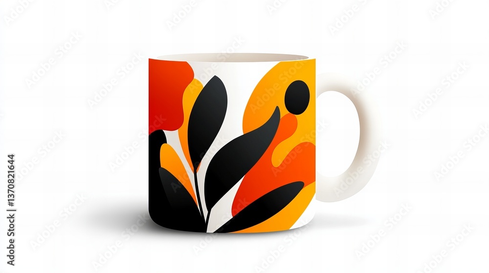 White mug displays an abstract floral design featuring black, orange, and yellow hues against a bright, clean backdrop. White mug displays an abstract floral design featuring black, orange, and yellow hues against a bright, clean backdrop.