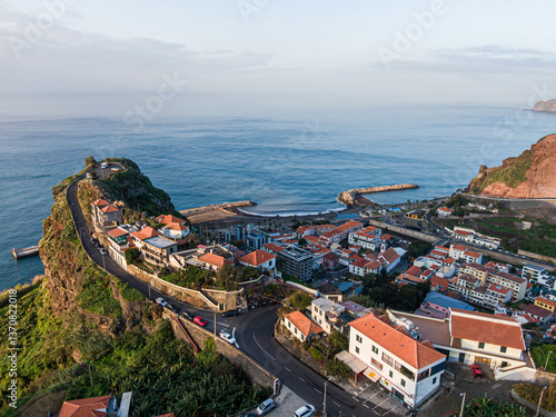 Coastal village and viewpoint above Ribeira Brava, Madeira Portugal at sunrise