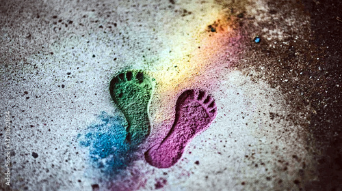 Colorful Footprints Create a Vibrant Trail on a Neutral Sidewalk