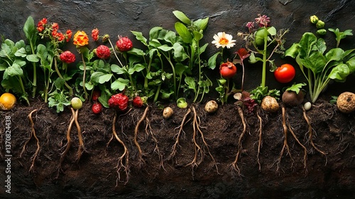 A breathtaking tableau showcasing profound interdependence between fertile soil, flourishing plant life, and sustenance it bestows upon humanity, epitomizing inseparable bond between soil vitality