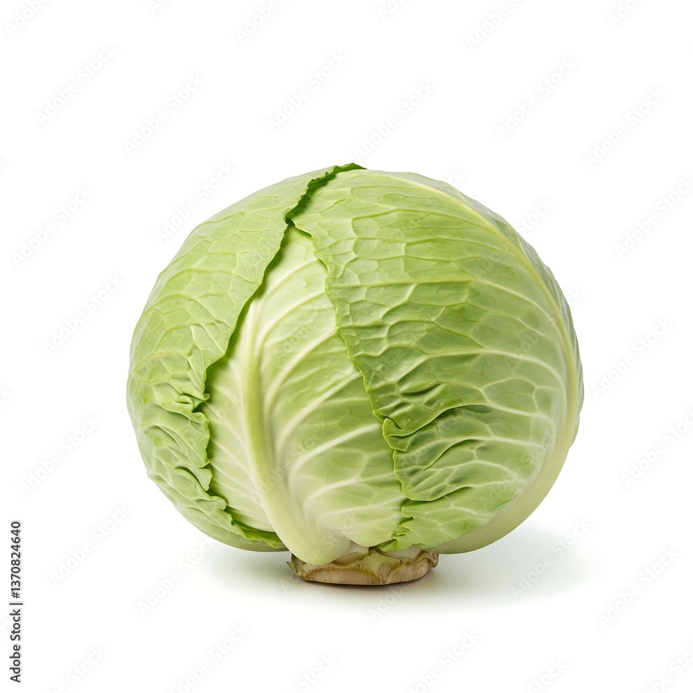 Obraz premium Fresh Green Cabbage Head Isolated on White Background, Vegetable Close-up