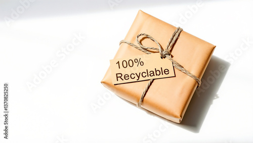 A kraft paper package tied with jute string, with a minimal branded tag reading '100% Recyclable'. Shot on a plain white surface with soft shadows and no filters